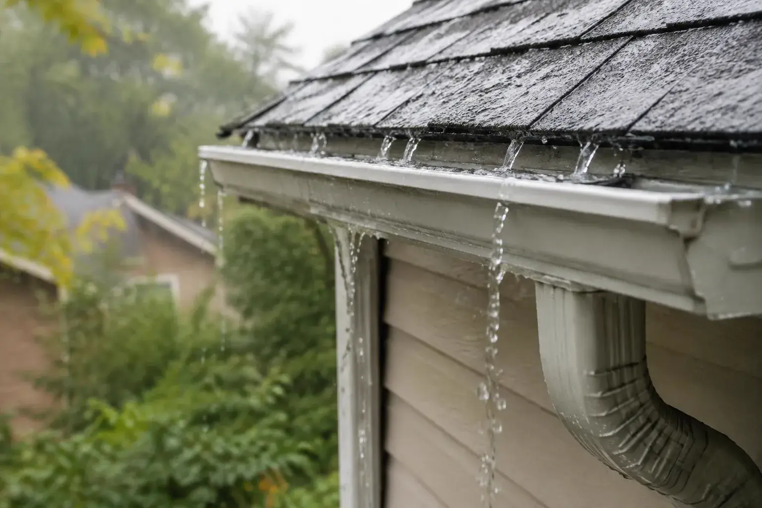 Rain running off a roof into a gutter and downspout