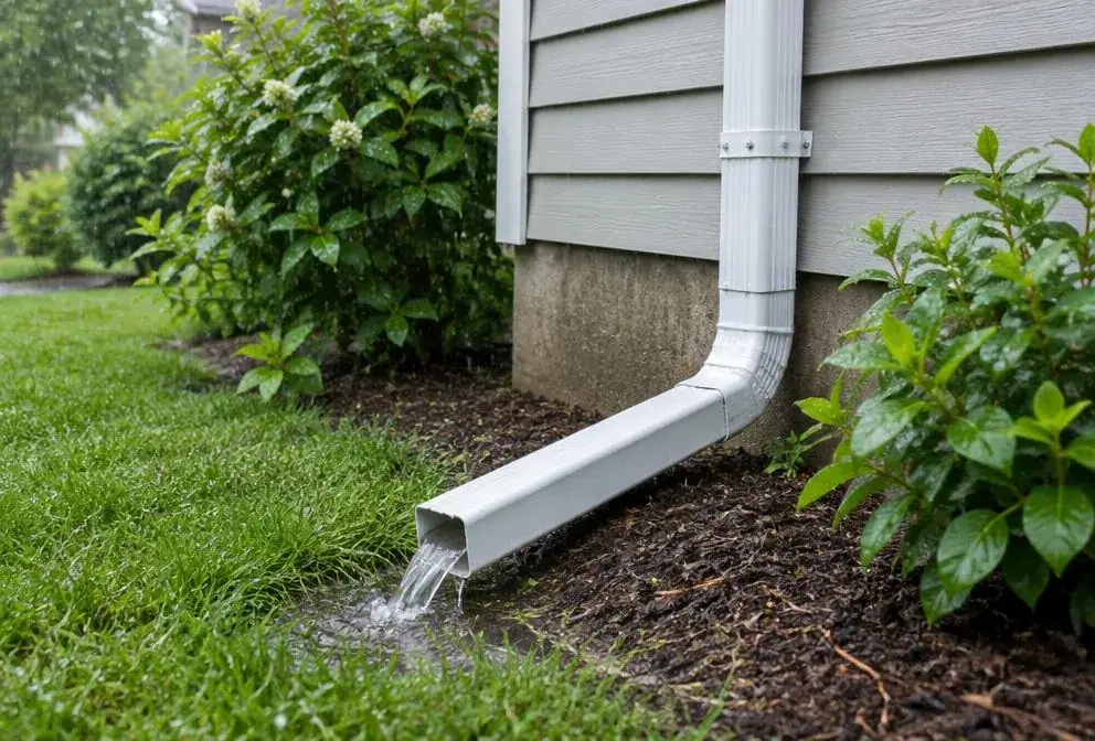Downspout extension carrying rainwater away from a house foundation