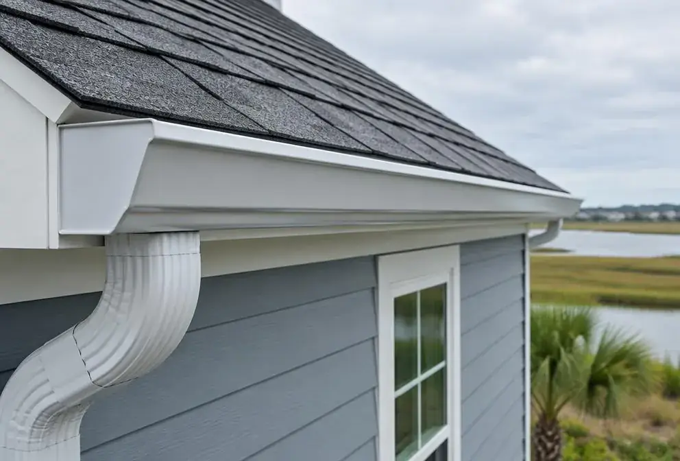 Aluminum K-style gutter mounted along a roof edge
