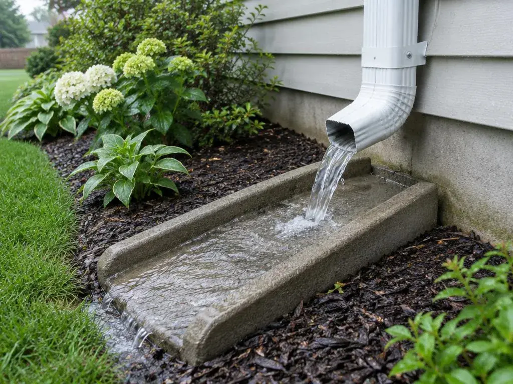 Water flowing out of a downspout onto a splash block
