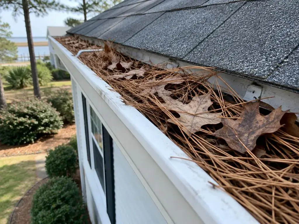 Gutter filled with pine needles and leaves along a roofline