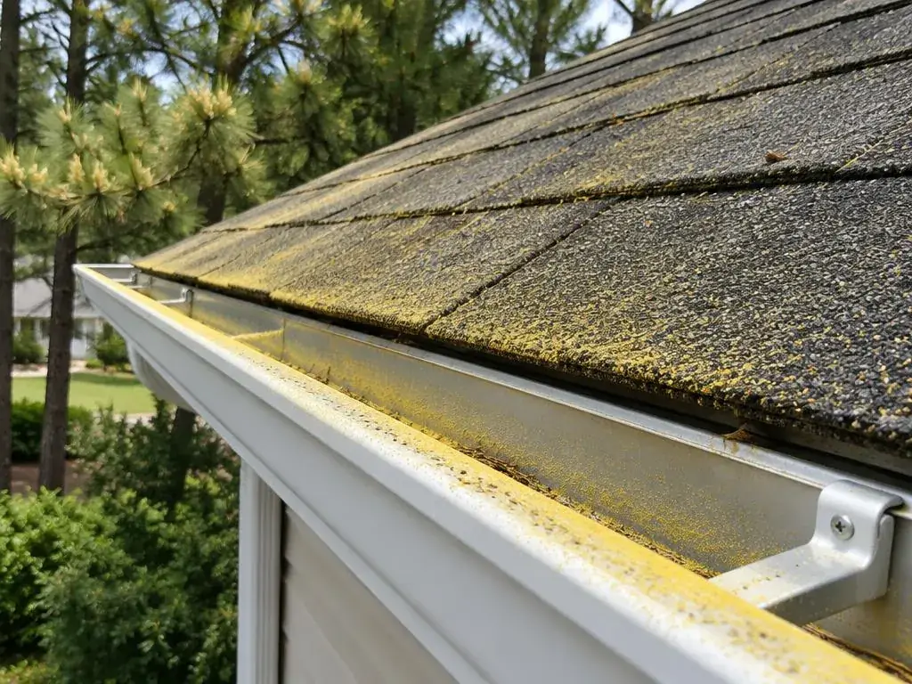 Yellow pine pollen coating the edge of a roof and gutter