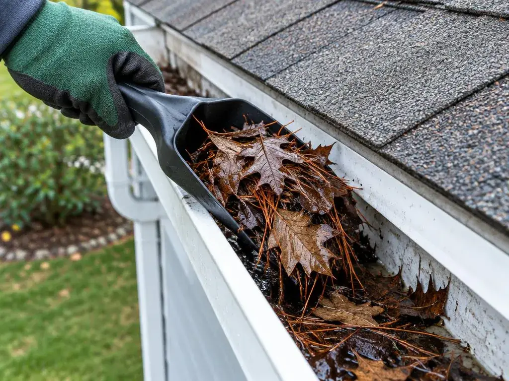 Gloved hand using a scoop to remove debris from a gutter