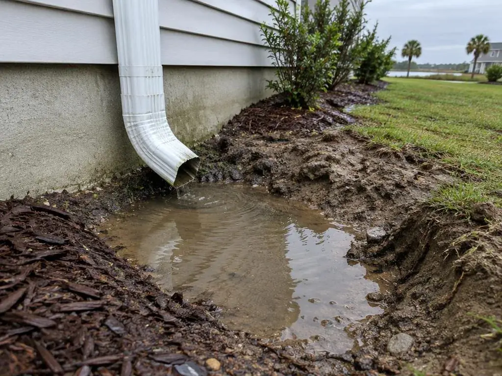 Soil erosion and standing water at the base of a downspout next to a foundation