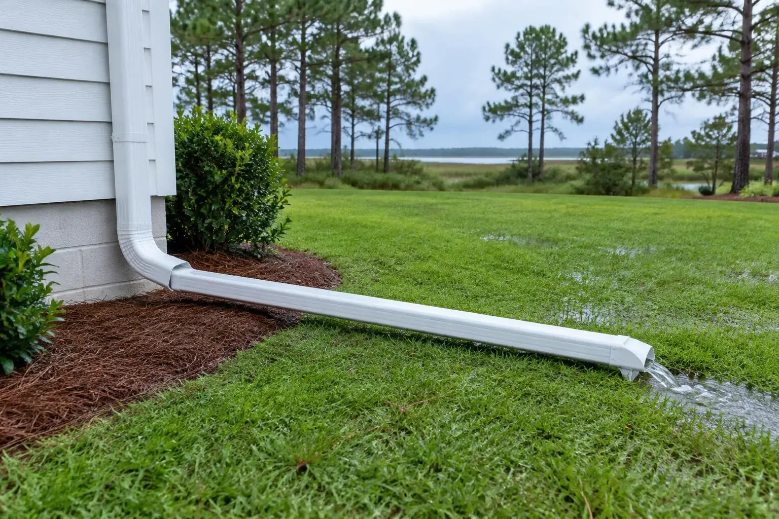 Downspout extension discharging rainwater onto a lawn away from a house