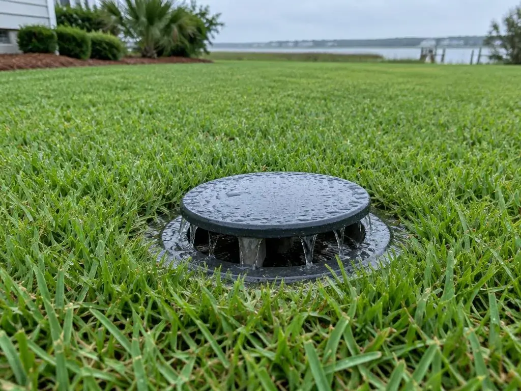 Pop-up drain emitter set into a lawn