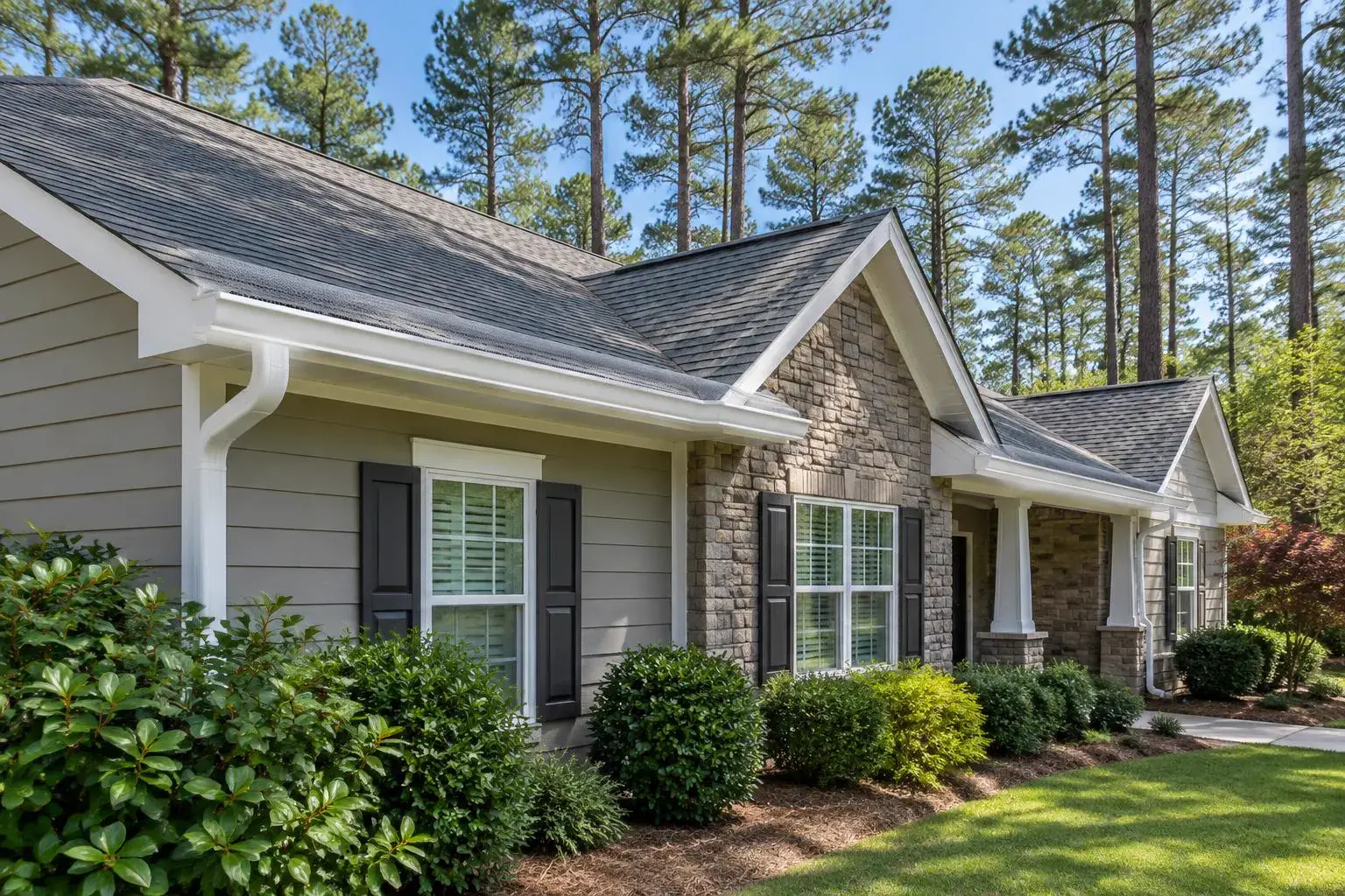 Gutters with guards on a home surrounded by tall pine trees