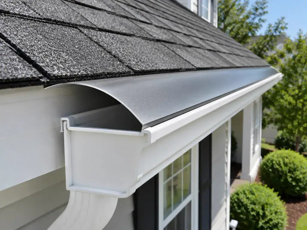 Hood-style reverse-curve gutter guard on a gutter
