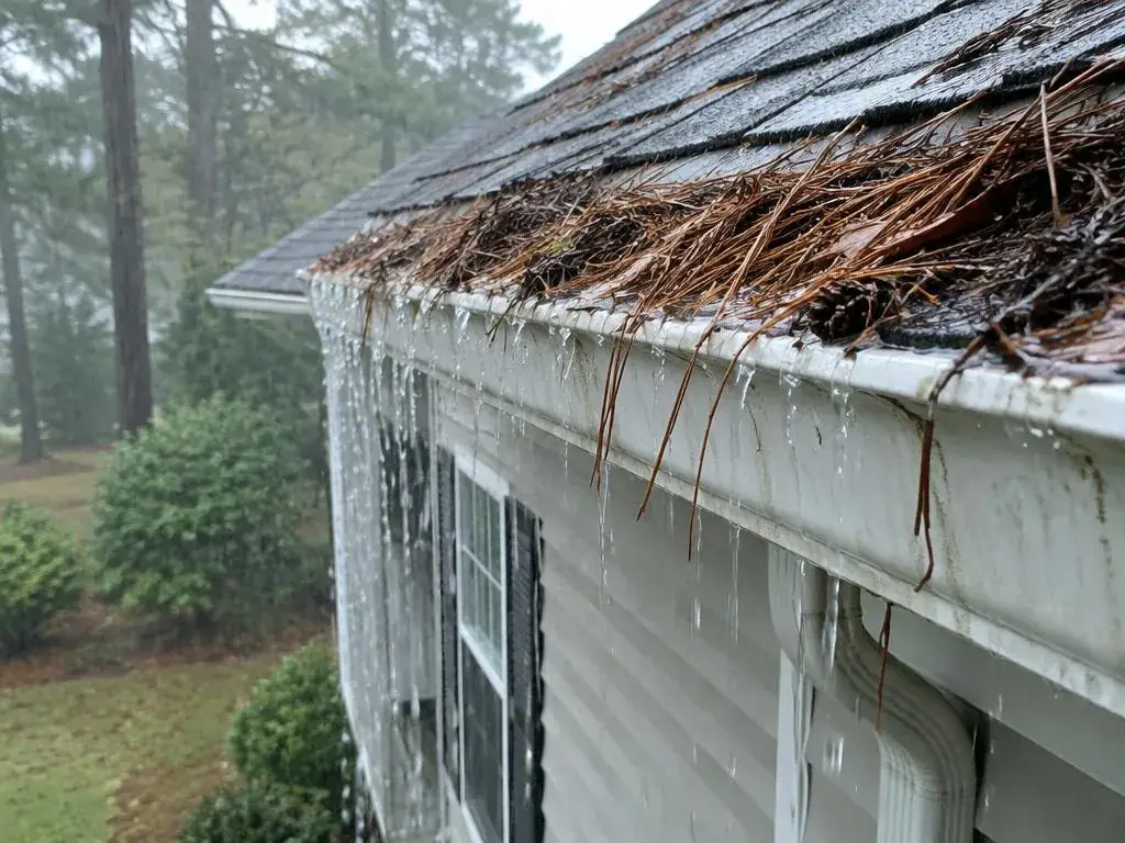 Rainwater overflowing the edge of a clogged gutter