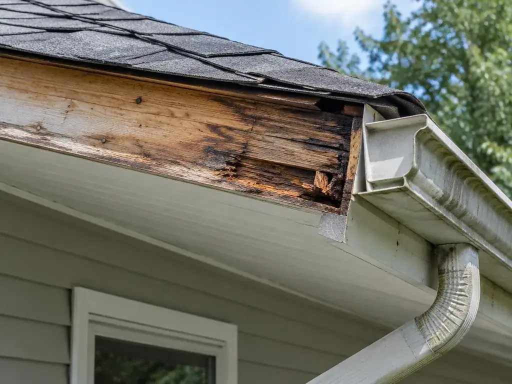 Exposed fascia board with water damage where a gutter was removed