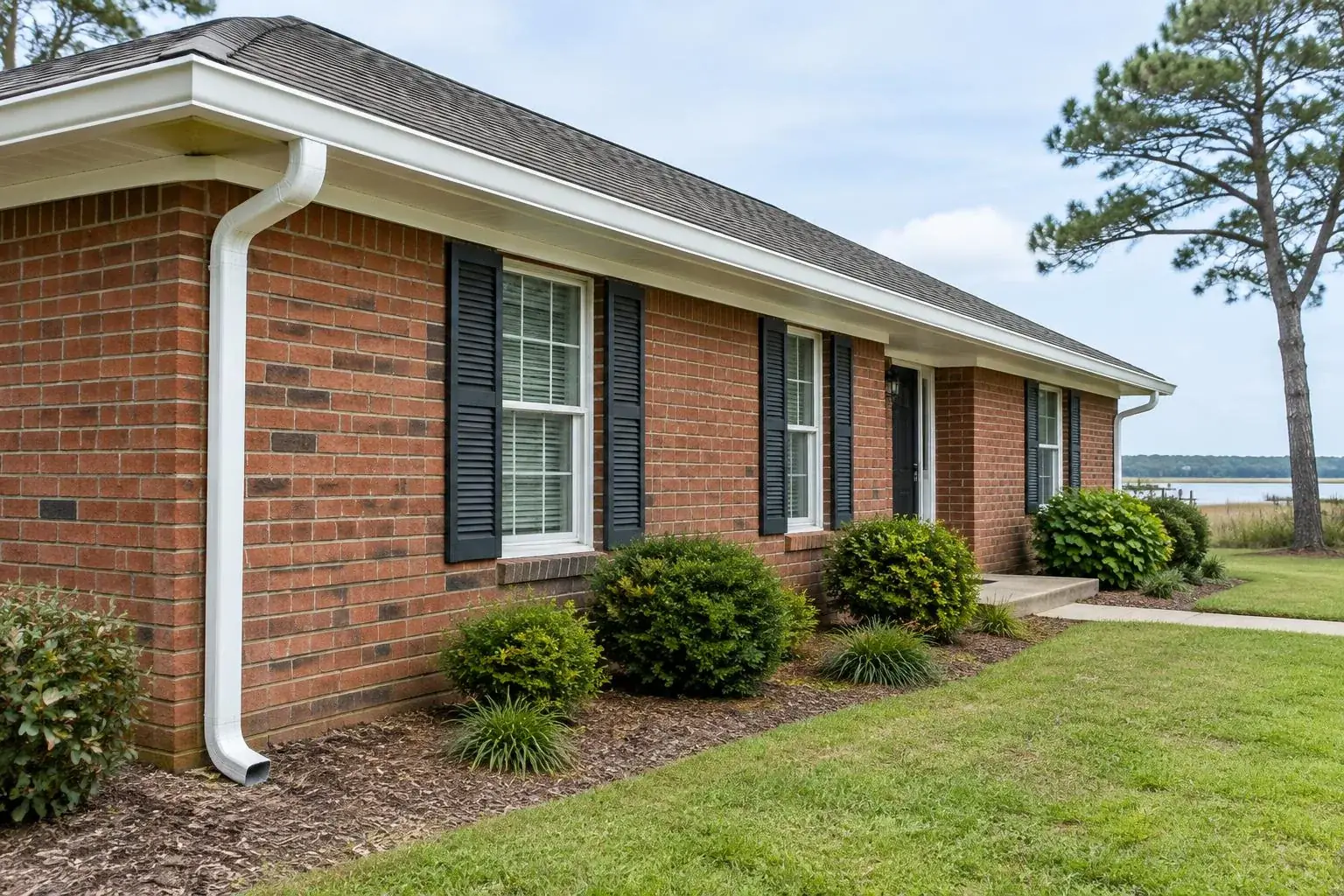 Brick ranch home with white K-style gutters and downspouts
