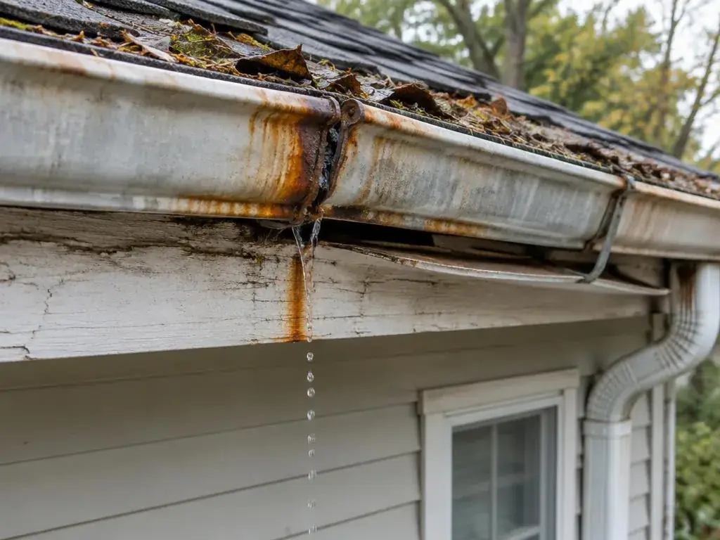 Old sectional gutter with rust stains and a sagging joint