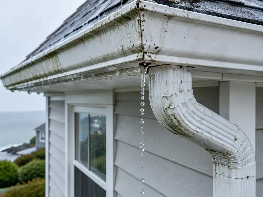 Water dripping from a leaking gutter corner