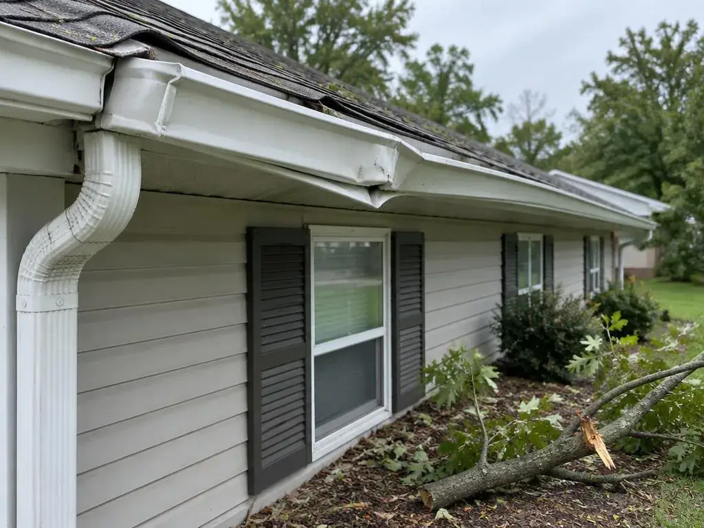 Bent gutter section after a storm with a fallen branch nearby