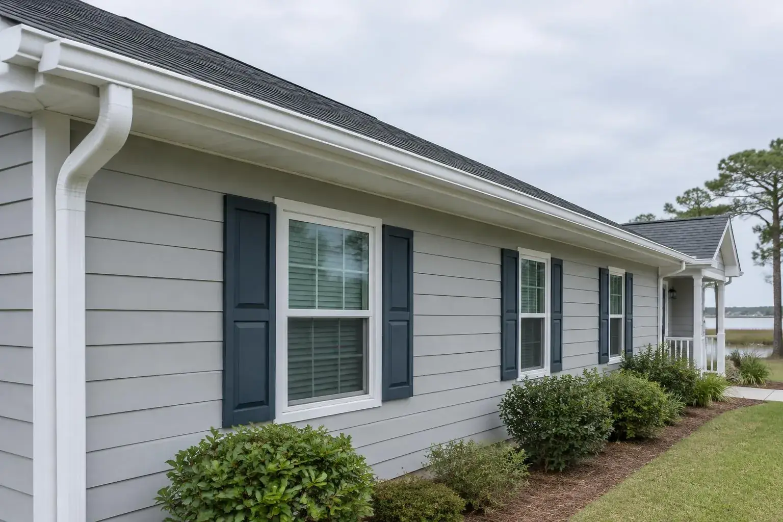 Continuous seamless aluminum gutter along the eave of a single-story home