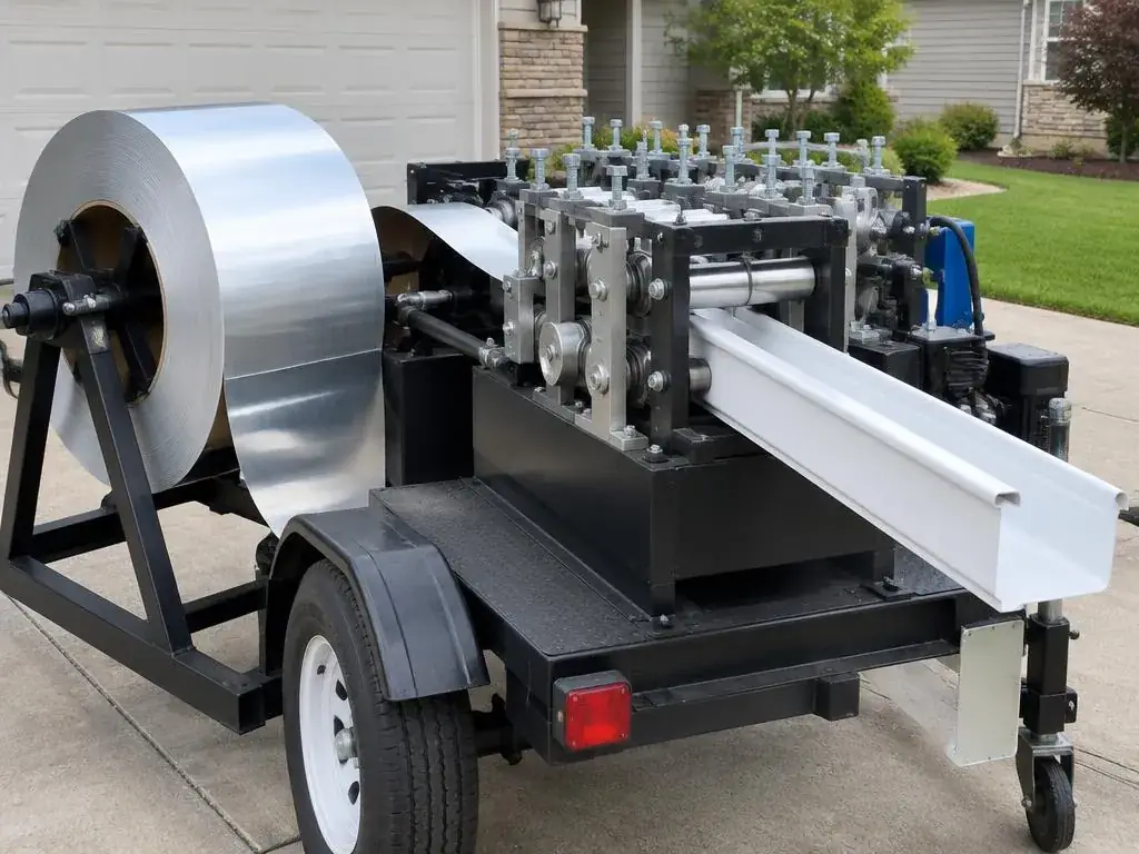Portable machine forming a seamless gutter from a coil of aluminum