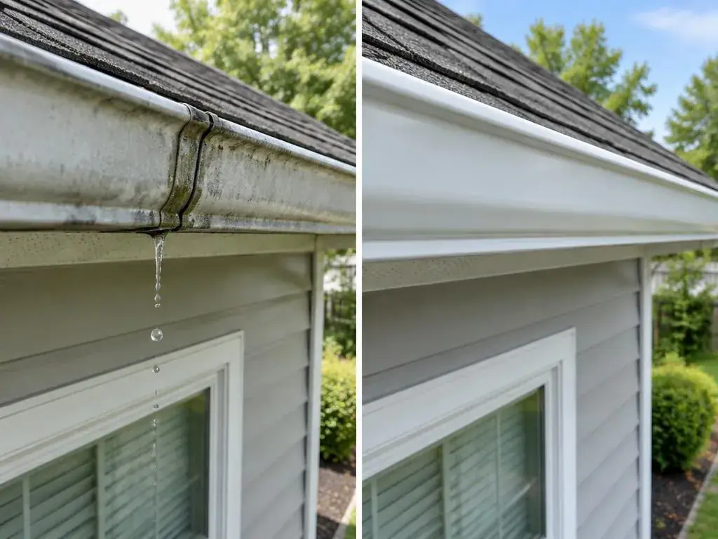 Leaking joint on a sectional gutter next to a smooth seamless gutter run