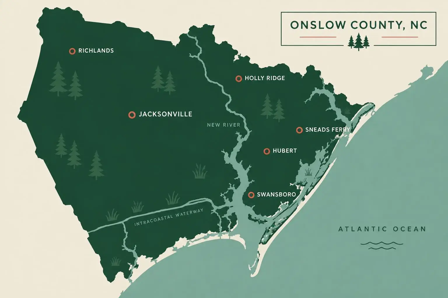 Map of Onslow County, NC showing Jacksonville, Richlands, Swansboro, Sneads Ferry, Hubert and Holly Ridge