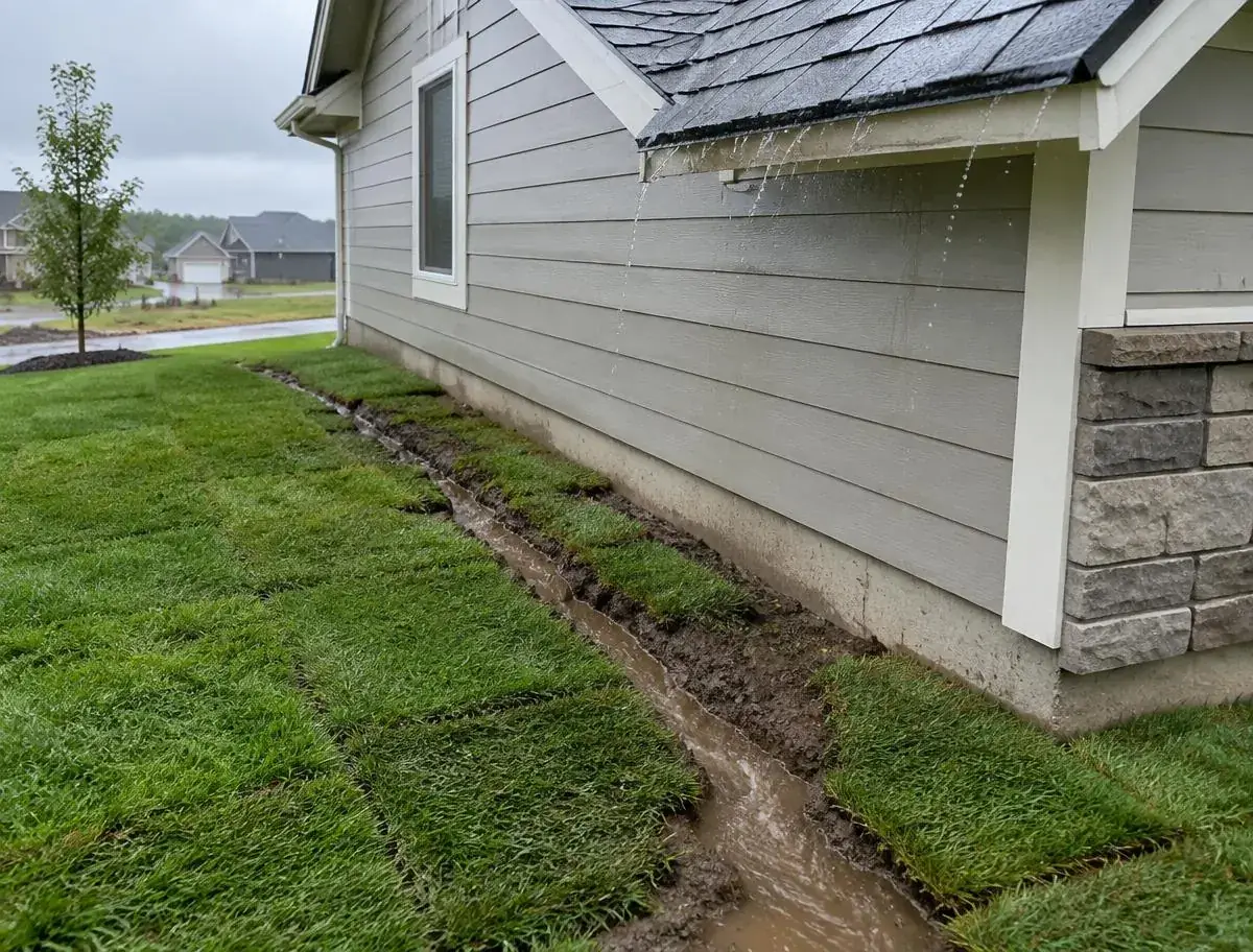 Rain runoff eroding a trench in new sod below a roof edge without a gutter