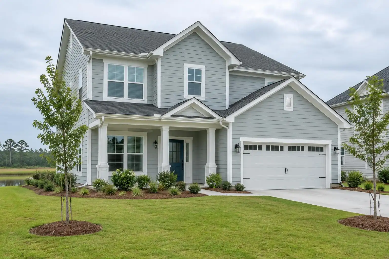 Newer two-story suburban home with young landscaping and gutters