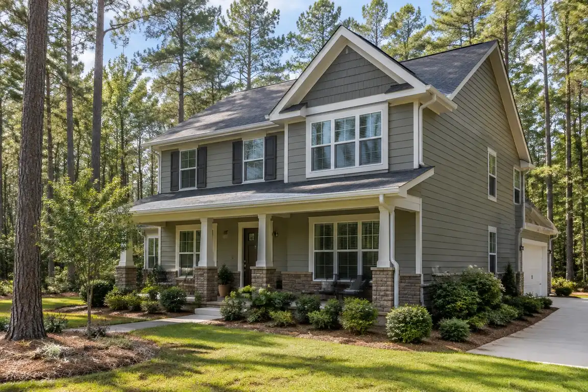 Two-story home on a wooded lot with tall pines and guarded gutters