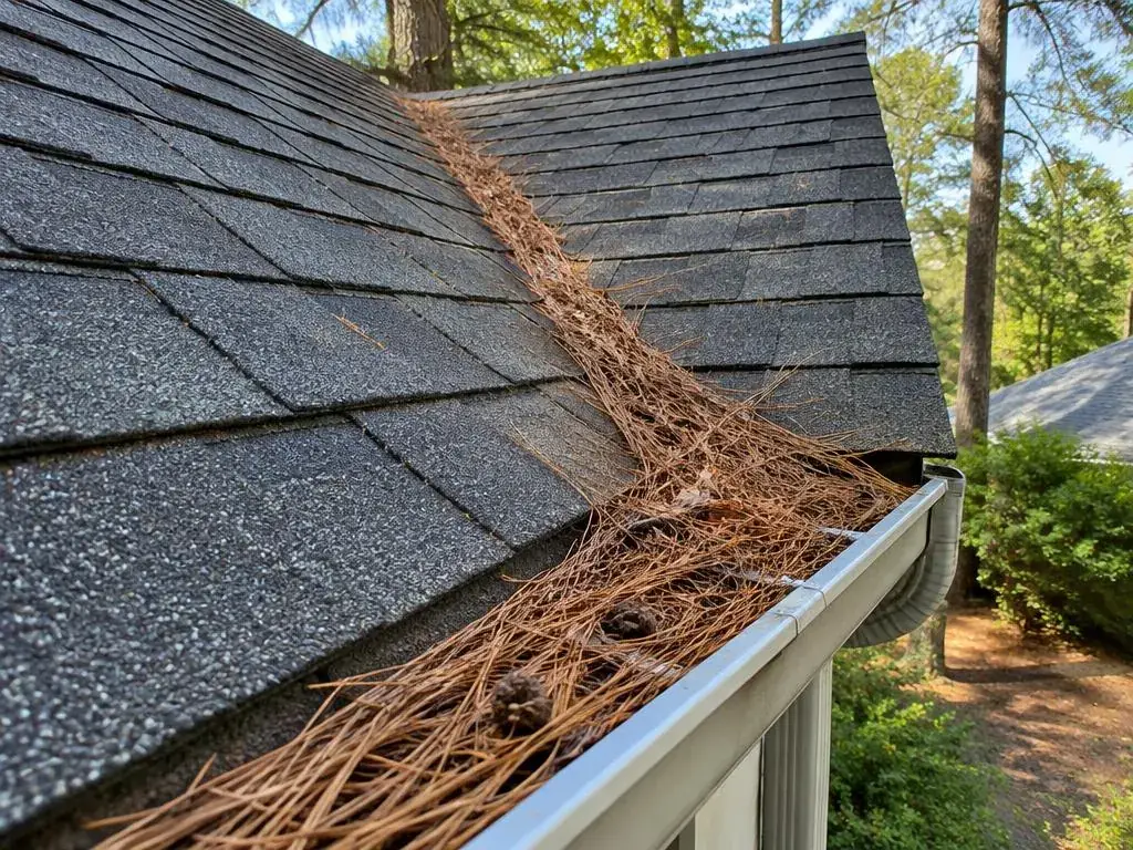 Pine needles piled in a roof valley and gutter