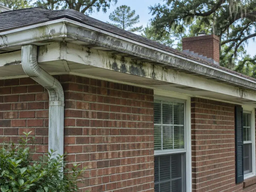 Stained fascia and an aging gutter on a mid-century brick home