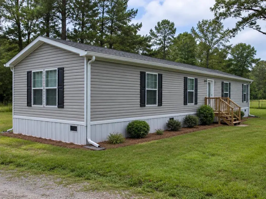 Manufactured home with gutters and downspouts