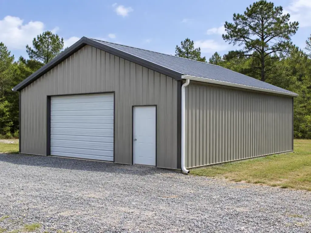 Metal shop building with a gutter and downspout