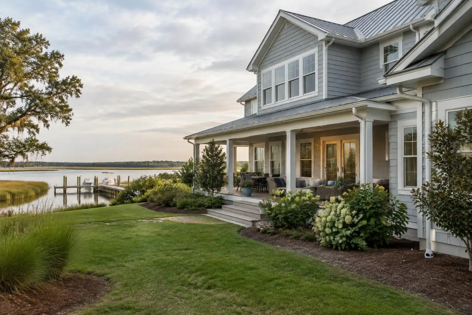 Coastal home with gutters near a marsh and boat dock