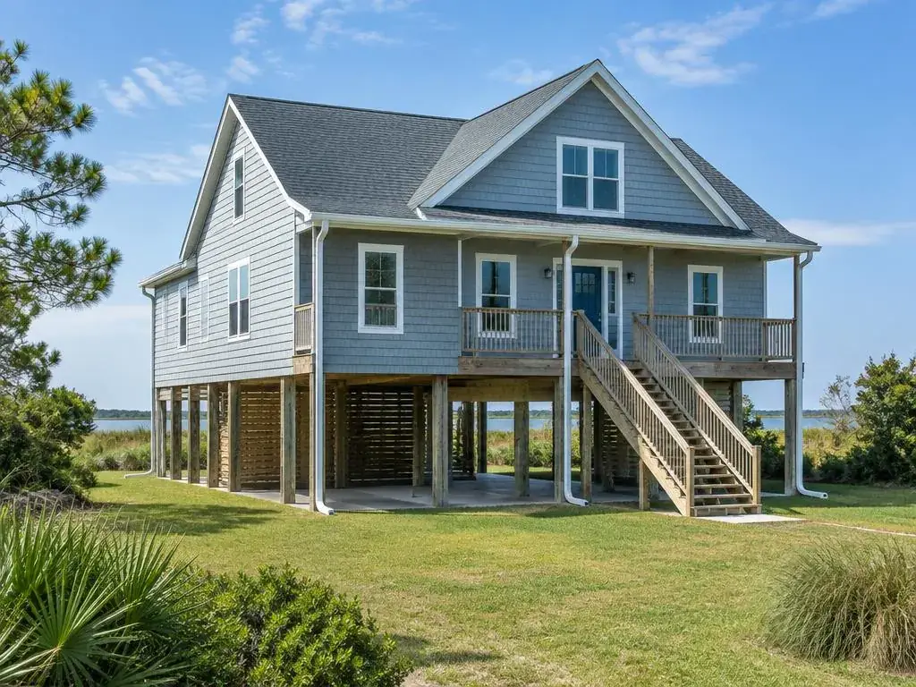 Elevated coastal home on pilings with long downspouts