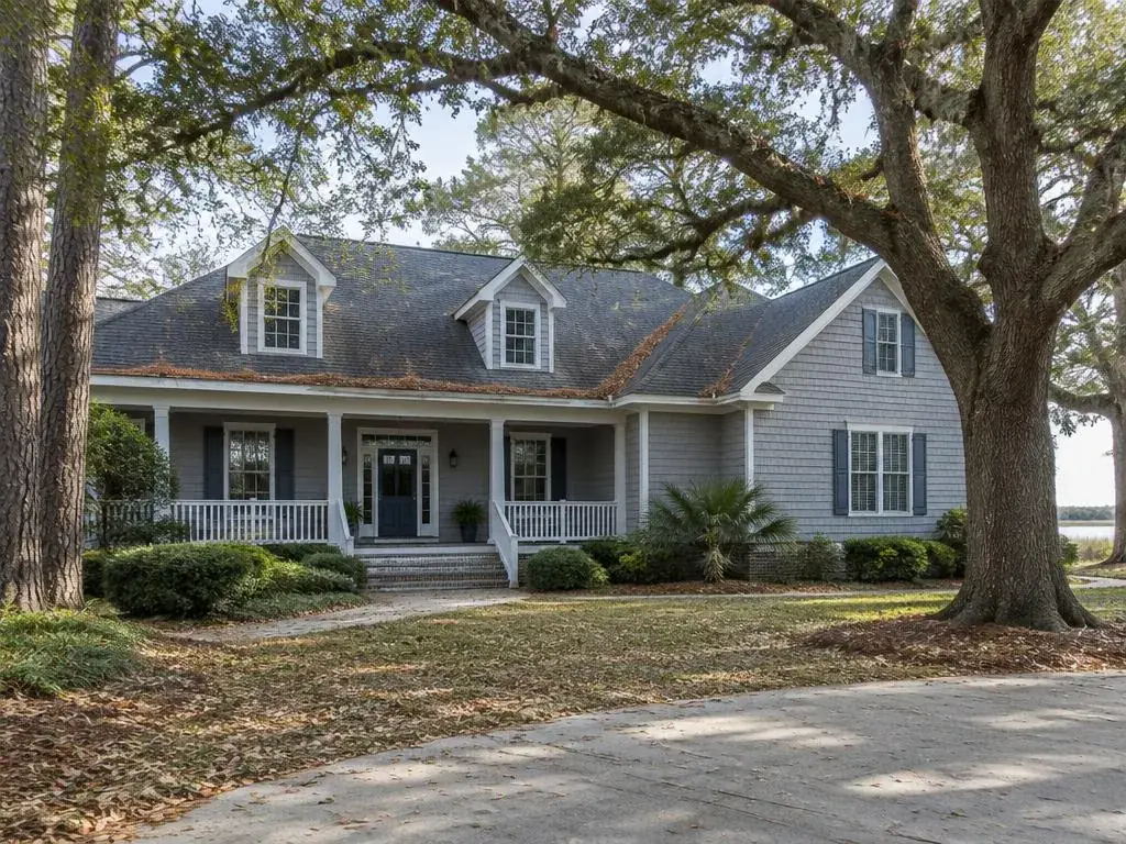 Home under mature trees with leaves along the roof edge