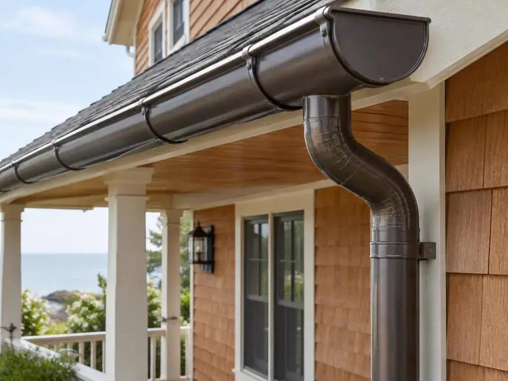 Half-round gutter and round downspout on a traditional home