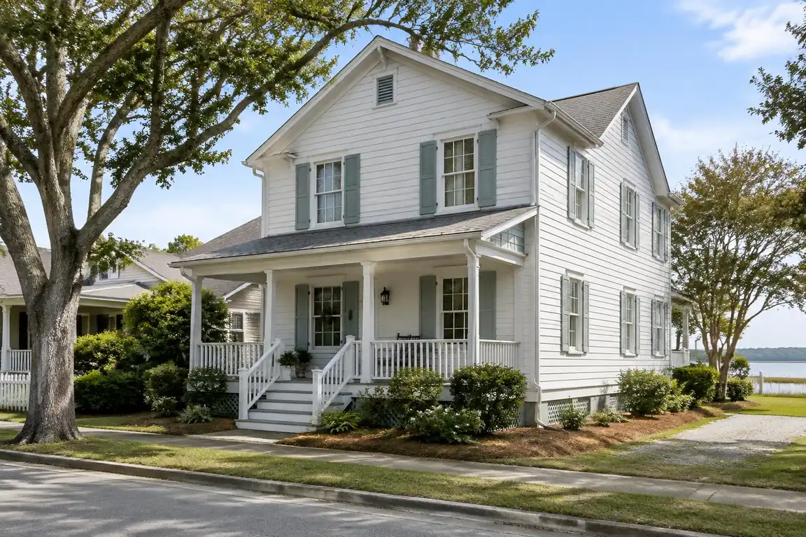 Older two-story coastal home with a front porch and gutters